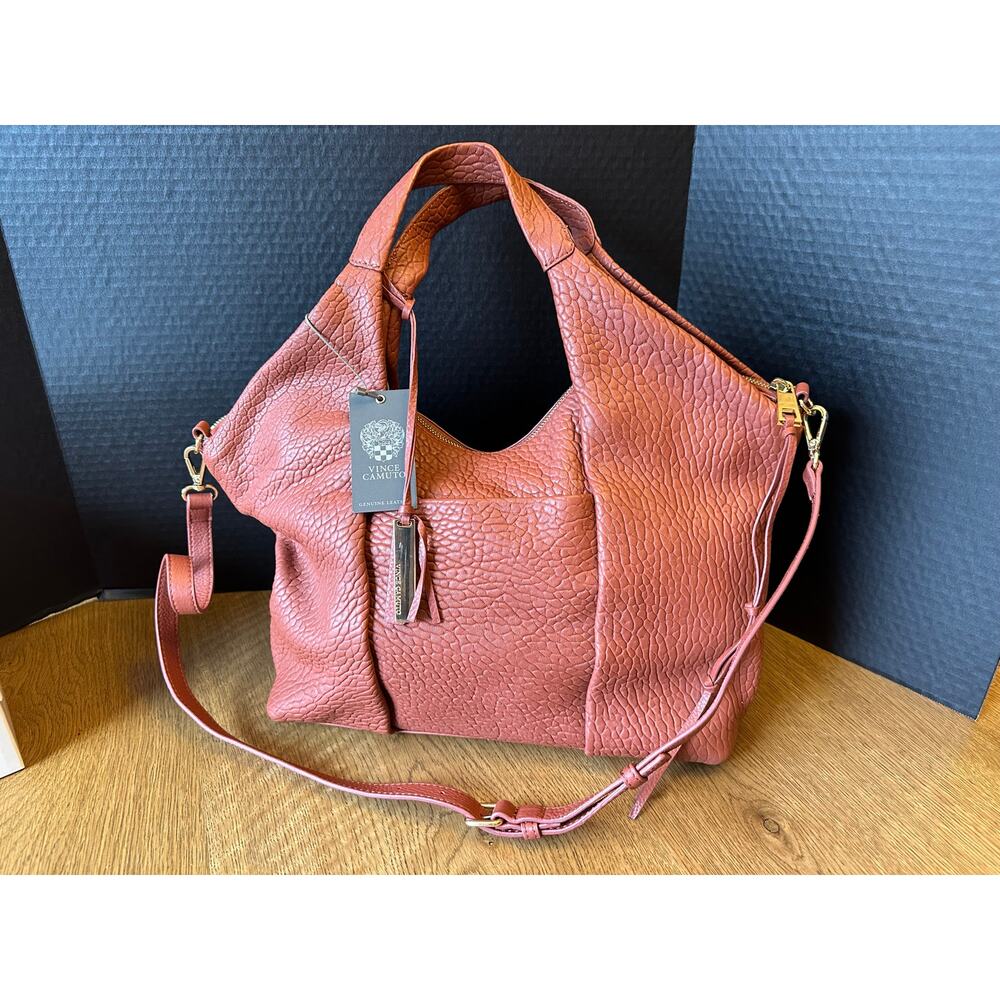 NWT Vince Camuto Steph Convertible Lamb Leather Pleated Tote Warm Spice